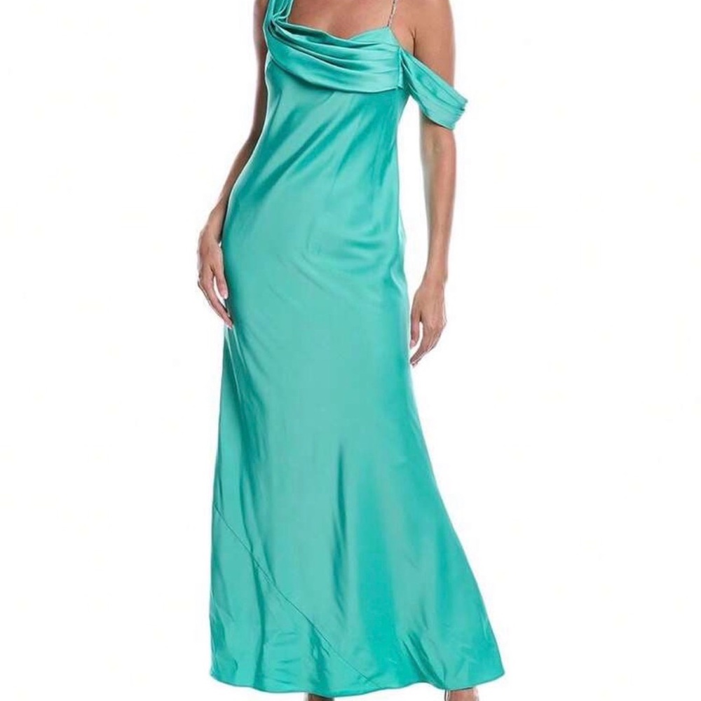 Adrianna Papell Turquoise Satin Off-Shoulder Evening Gown